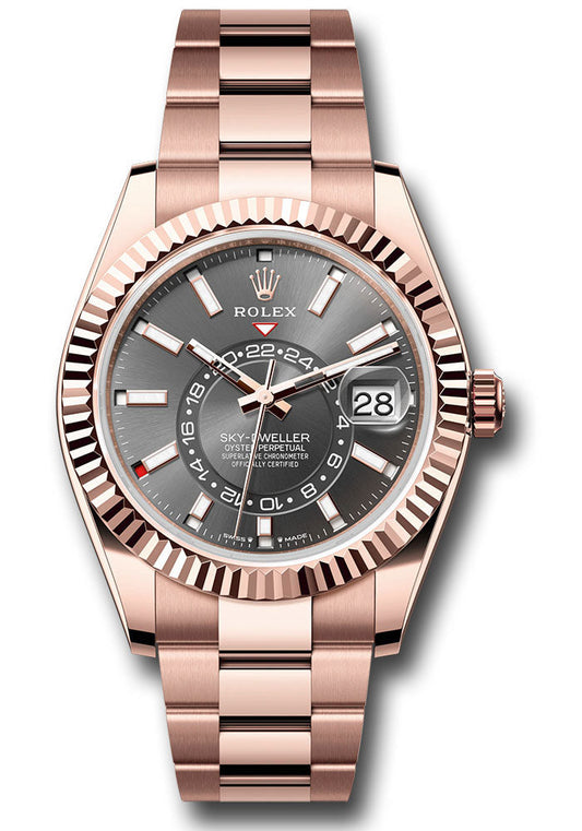 Rolex Everose Gold Sky-Dweller Watch - Fluted Ring Command Bezel - Slate Index Dial - Oyster Bracelet - 336935 slio