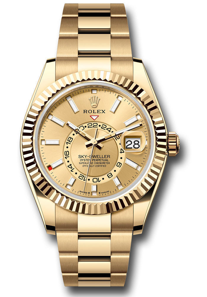 Rolex Yellow Gold Sky-Dweller Watch - Fluted Ring Command Bezel - Champagne Index Dial - Oyster Bracelet - 336938 chio