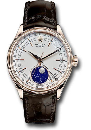 Rolex Cellini Moonphase Watch - Everose Gold - White Dial - Tobacco Leather Strap - 50535 wbr