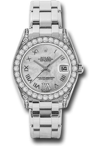 Rolex White Gold Datejust Pearlmaster 34 Watch - 34 Diamond Bezel - White Mother-Of-Pearl Roman Dial - 81159 mdr