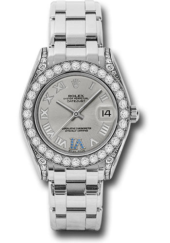 Rolex White Gold Datejust Pearlmaster 34 Watch - 34 Diamond Bezel - Silver Roman Dial - 81159 ssr