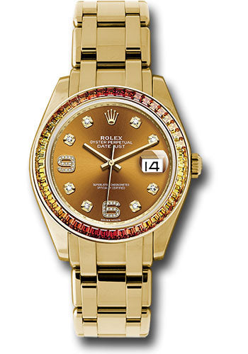 Rolex Yellow Gold Datejust Pearlmaster 39 Watch - 48 Orange To Yellow Gradient Baguette-Cut Sapphires Bezel - Cognac Diamond Dial - 86348SAJOR