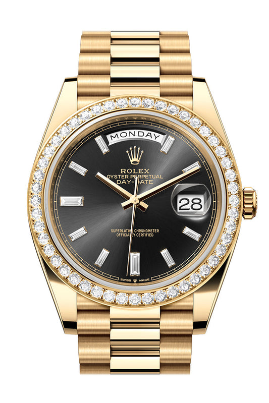 Rolex Day-Date 40 Bright Black Dial Diamonds Dial Diamond Bezel Yellow Gold President Men's Watch 228348RBR 